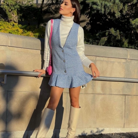 Zara Tweed Pinafore Chic Blue Sleeveless Dress with Peplum Hem - Picture 2 of 9